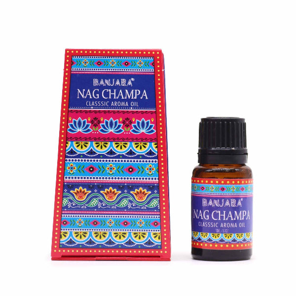 Banjara Nag Champa aroma oil bottle and packaging on a white background