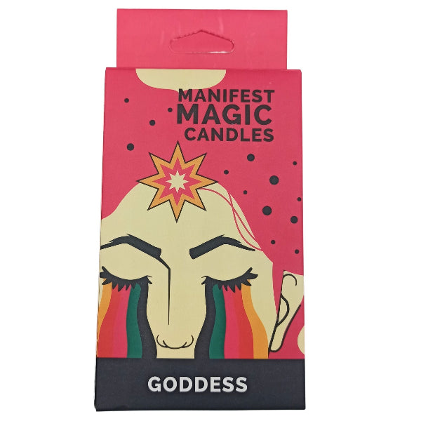 Pack of Manifest Magic Candles with a colorful design on a pink background