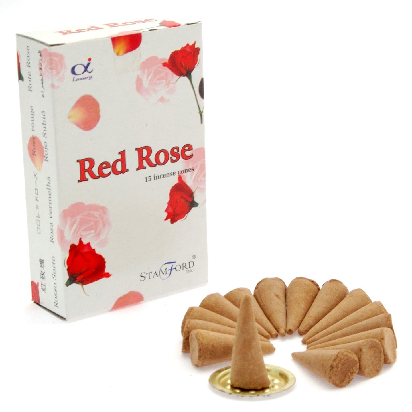 Red Rose incense cones with packaging on a white background