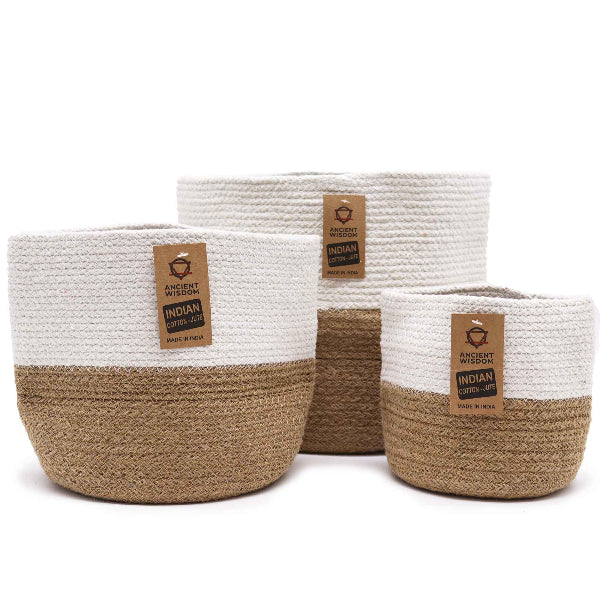 Three woven baskets with beige and white design, featuring 'Ancient Indian' labels on a white background.