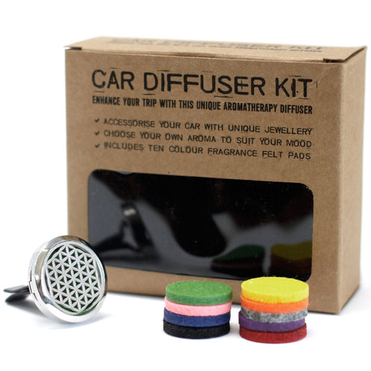 Car diffuser kit with cardboard box and colorful fragrance felt pads on a white background