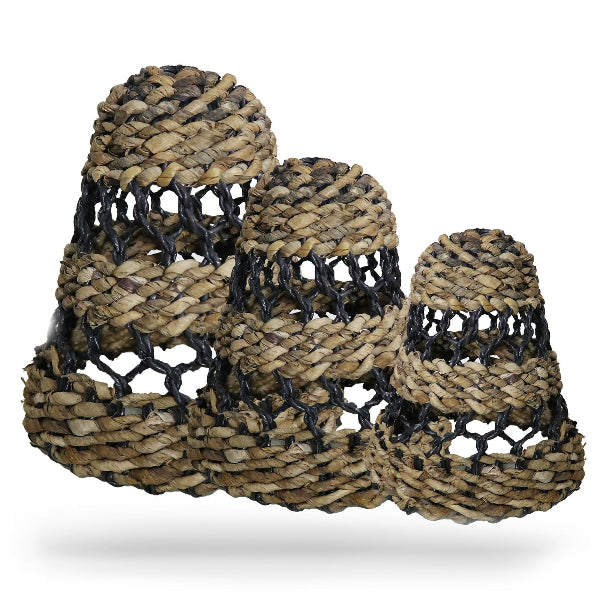 Set of three woven rope structures on a white background