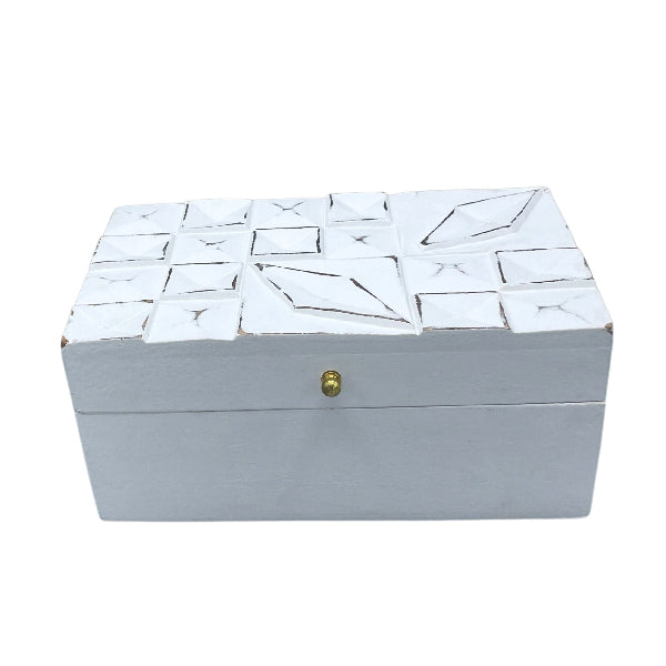 Gray jewelry box with white mosaic pattern on a white background