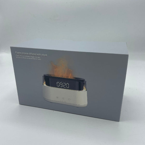 Flame-themed product with digital clock display on a gray box background