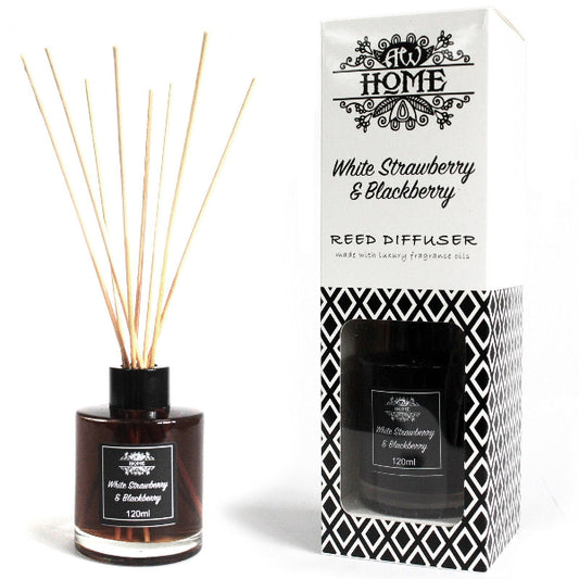 Reed diffuser with packaging labeled 'White Strawberry & Blackberry' on a white background