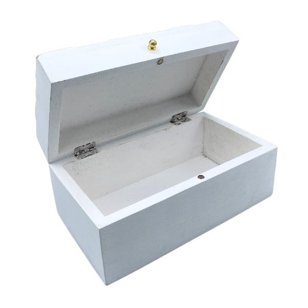 White jewelry box with a gold clasp on a white background