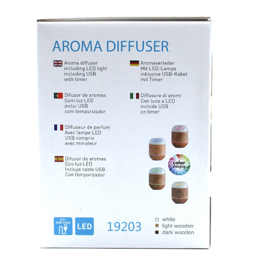 Aroma diffuser packaging with product details on a white background