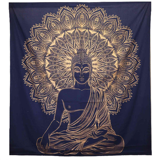 Navy blue tapestry with gold mandala and Buddha design