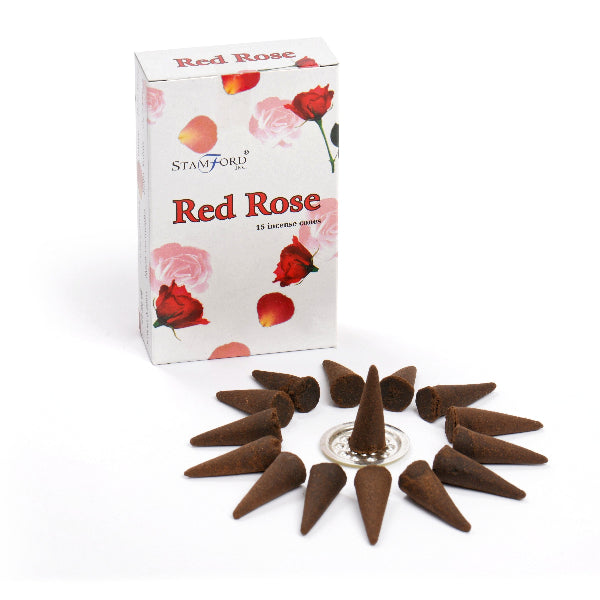 Red Rose incense cones with packaging on a white background