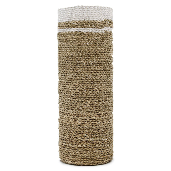 Woven cylindrical basket with a white top section on a white background
