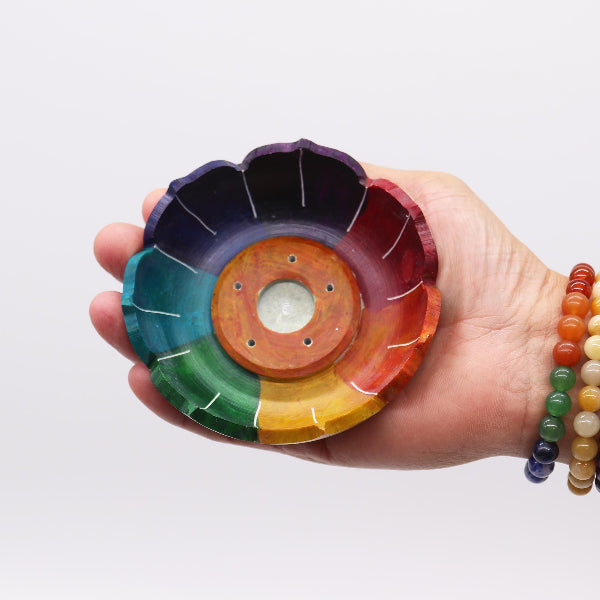 Hand holding a colorful wheel of colors against a white background