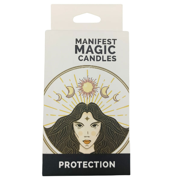 Box of Manifest Magic Candles with a woman's face and celestial design on a white background