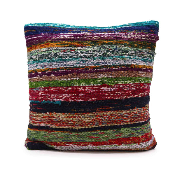 Multicolored striped pillow on a white background