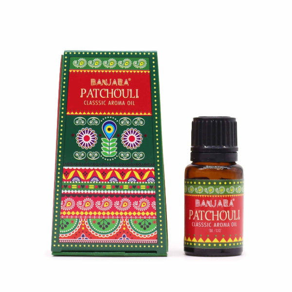 Banjara Patchouli aroma oil bottle and packaging on a white background