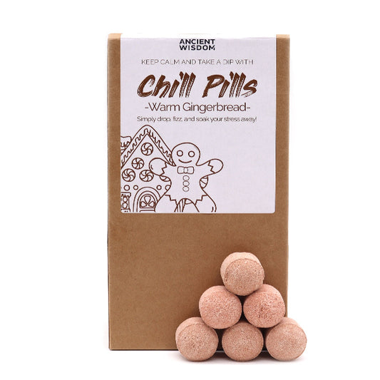 Chill Pills packaging with gingerbread design and text on a white background
