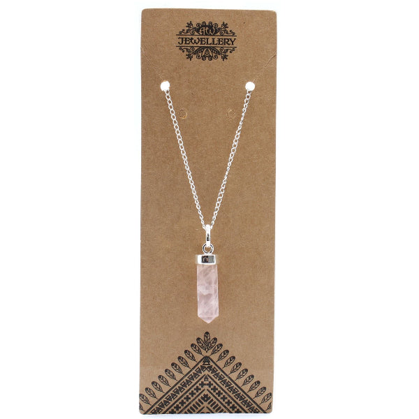 Necklace with a clear pendant on a brown card with 'Jewellery' branding.