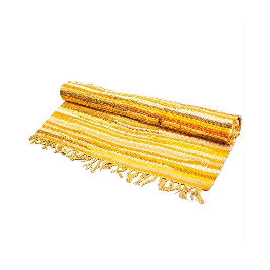 Yellow striped towel with fringes on a white background