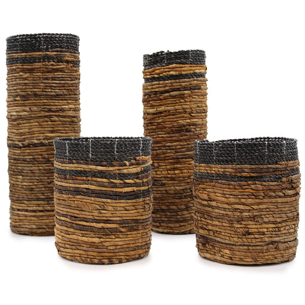 Set of four woven baskets with brown and black stripes on a white background
