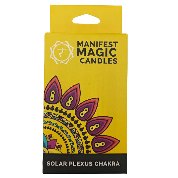 Manifest Magic Candles packaging with mandala design on a yellow background