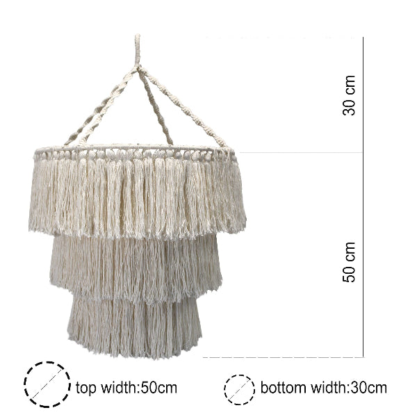 Macrame wall hanging with dimensions on a white background