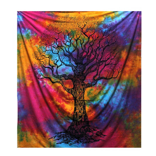 Colorful tie-dye tapestry with a black tree design on a white background
