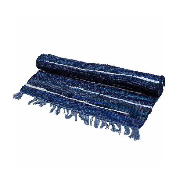 Blue woven mat with white stripes and fringes on a white background