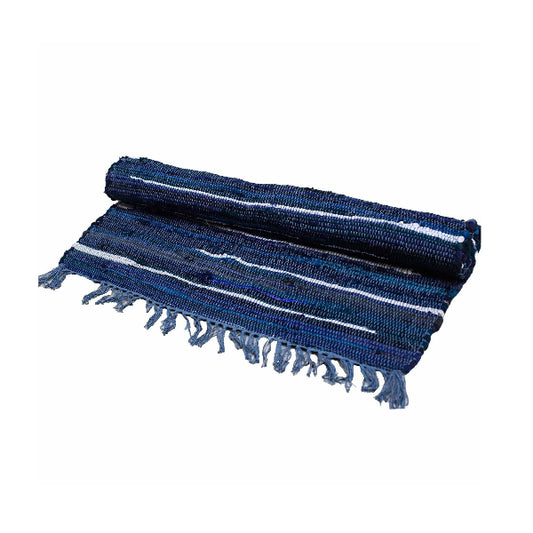 Blue woven mat with white stripes and fringes on a white background