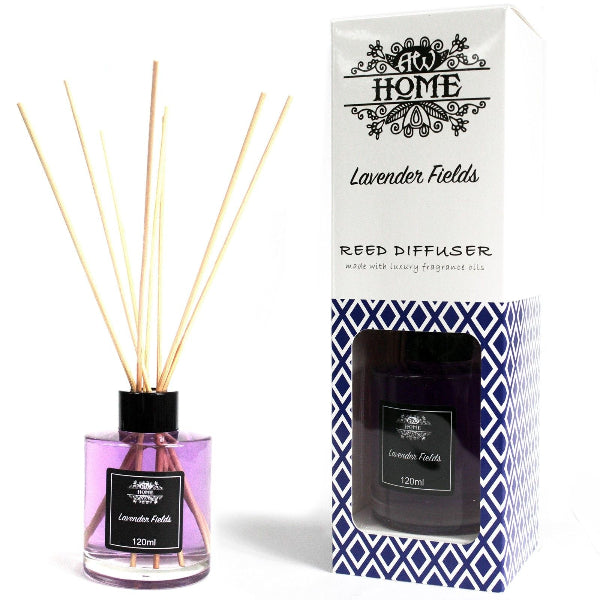 Reed diffuser with packaging labeled 'Lavender Fields' on a white background