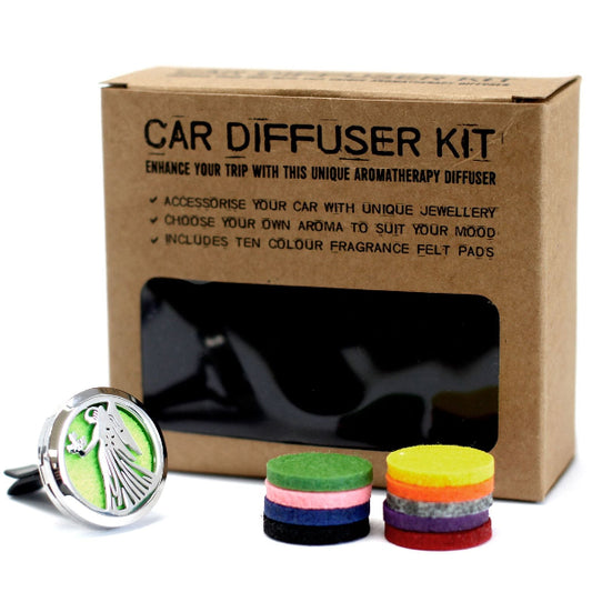 Car diffuser kit with packaging and colorful fragrance pads on a white background