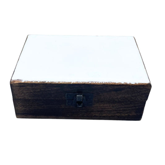 Wooden box with a clear glass top on a white background