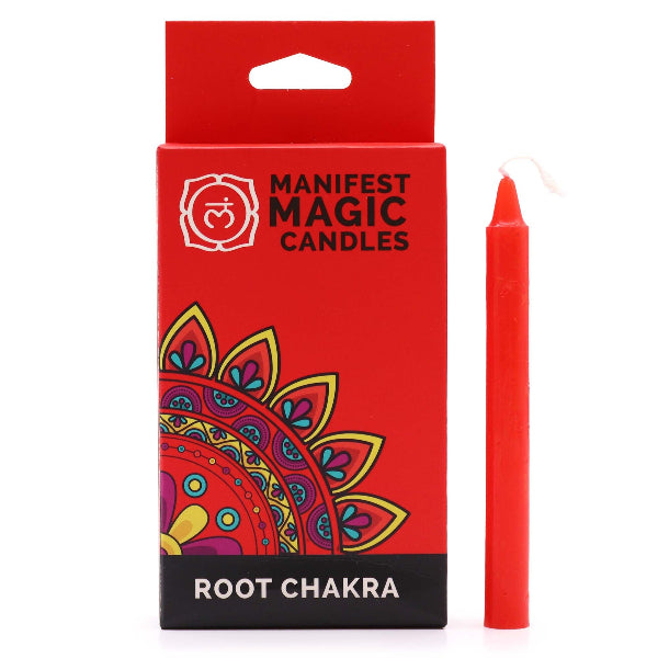 Red candle with 'Manifest Magic Candles' packaging featuring a colorful design and 'Root Chakra' text.