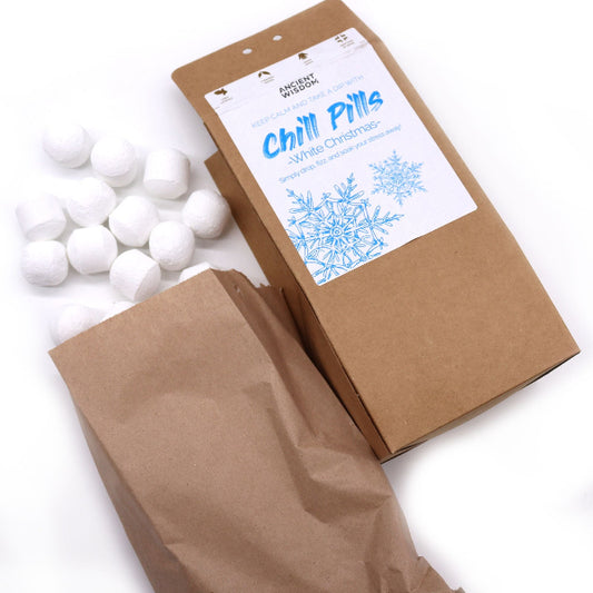 Box of 'Chill Pills' with snowflake design on a white background