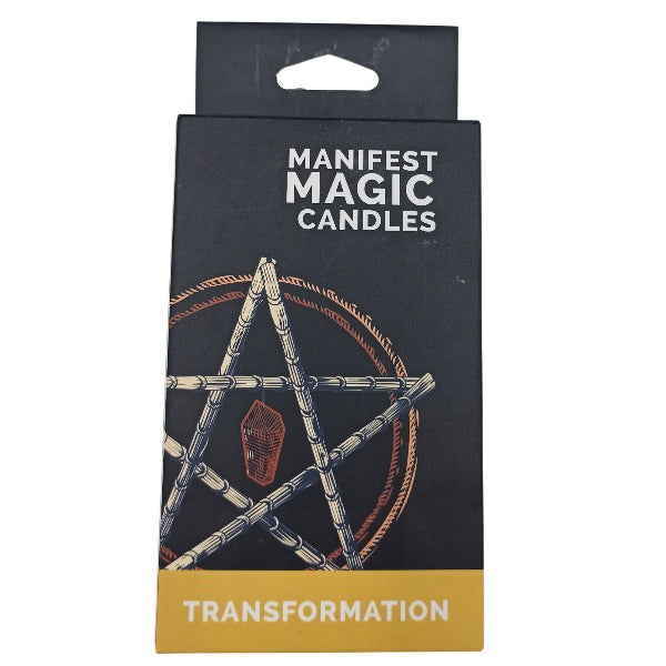 Manifest Magic Candles packaging with pentagram design and 'Transformation' text on a white background