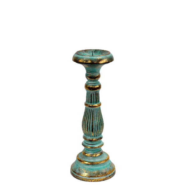 Decorative candle holder with turquoise and gold finish on a white background