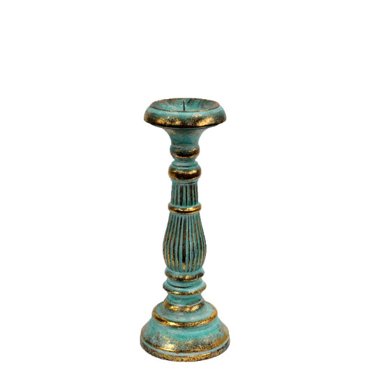 Decorative candle holder with turquoise and gold finish on a white background