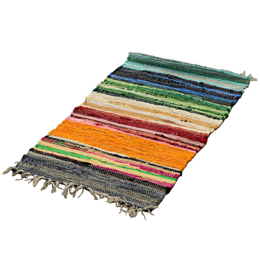 Multicolored striped rug on a concrete floor