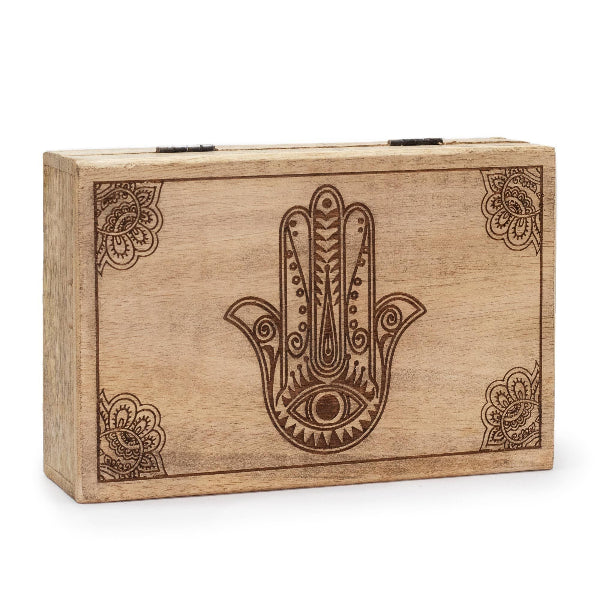 Wooden box with Hamsa hand design on a white background