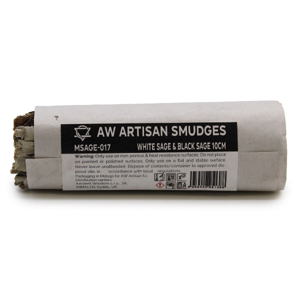 Roll of AW Artisan Smudges with white sage and black sage on a white background