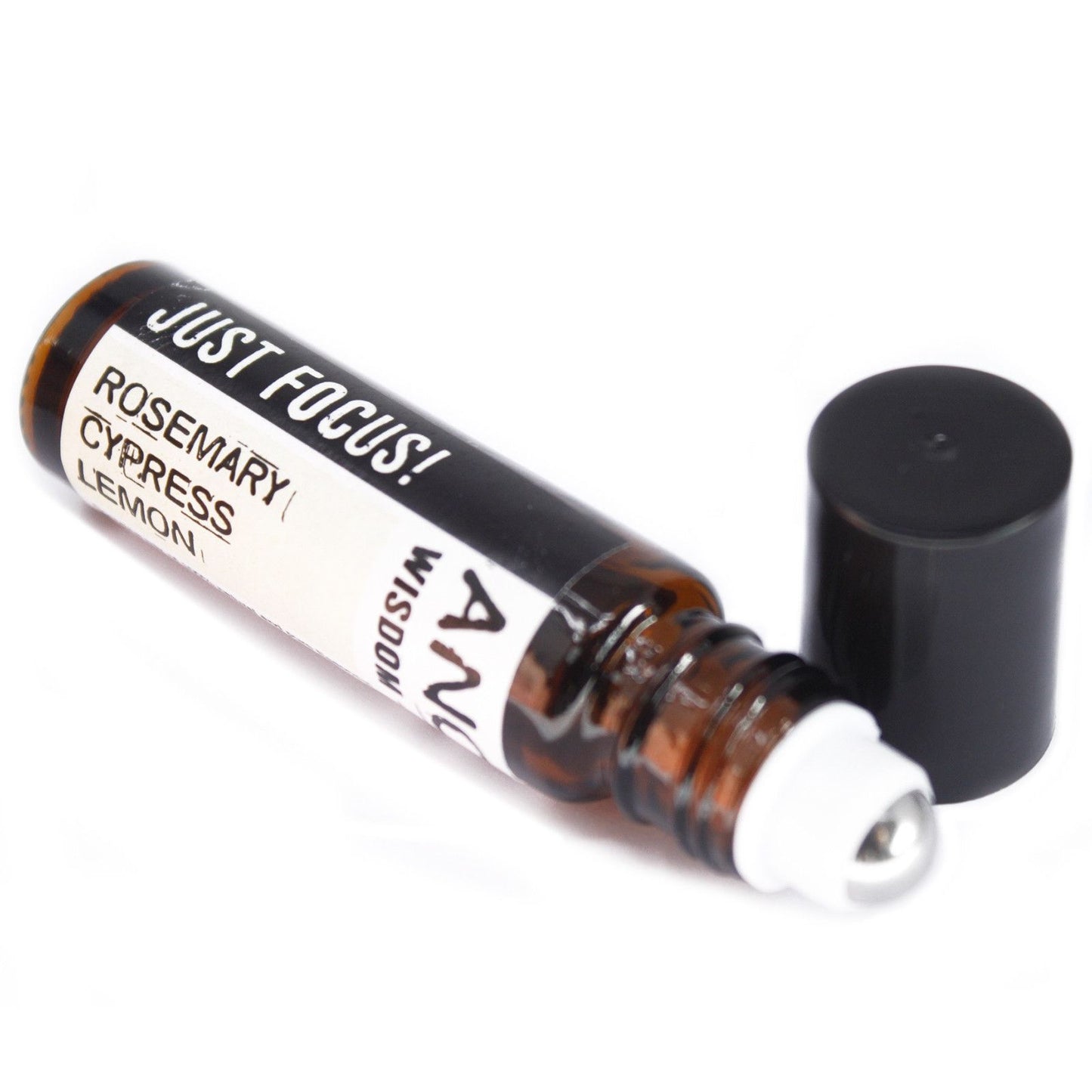 Roll-on bottle labeled 'Just Focus! Rosemary Cypress Lemon' with black cap on a white background