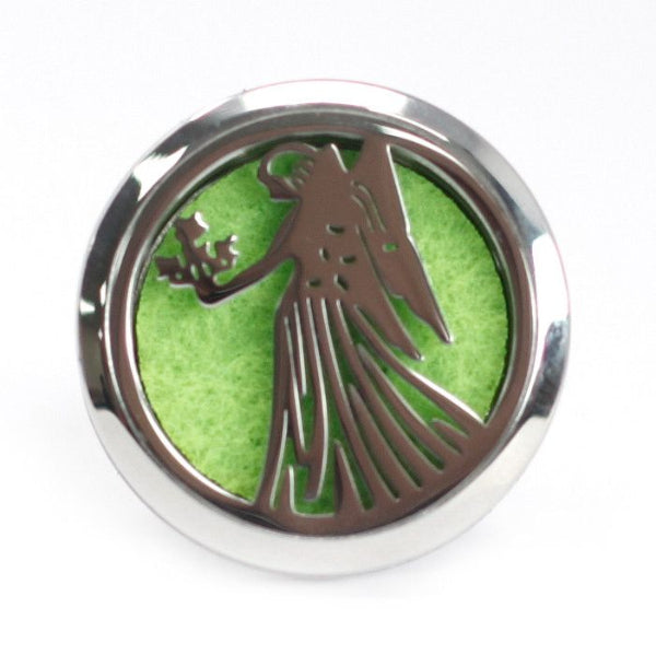 Decorative emblem with a green background and silver border on a white background