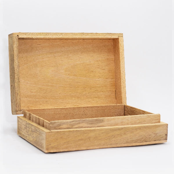 Wooden box with a lid on a white background