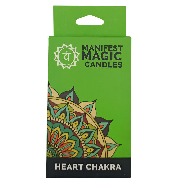 Green packaging of Manifest Magic Candles with a mandala design on a white background