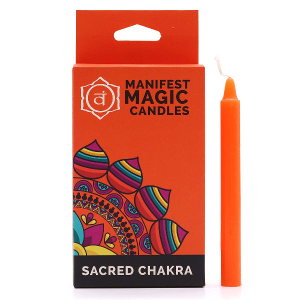 Manifest Magic Candles packaging with an orange candle on a white background