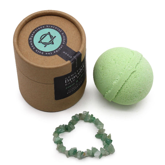 Green bath bomb, bracelet, and packaging on a white background