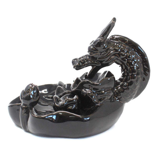 Black dragon-shaped incense burner on a white background