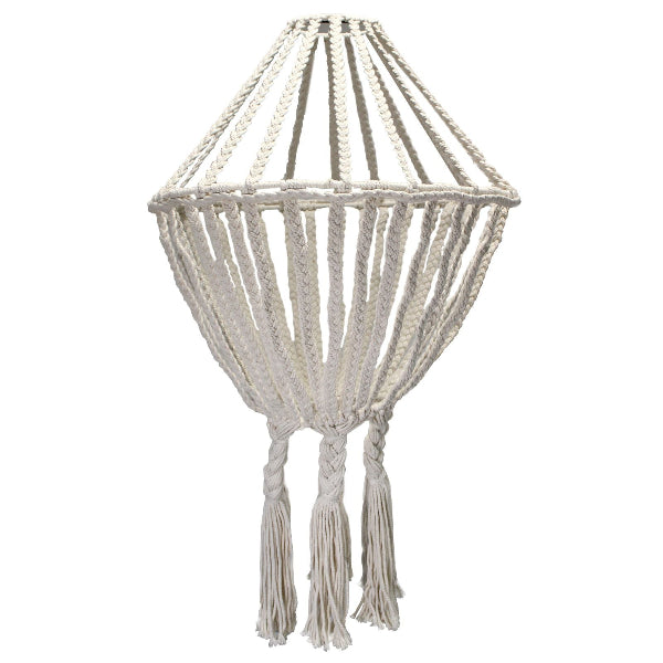 Macrame pendant light with tassels on a white background
