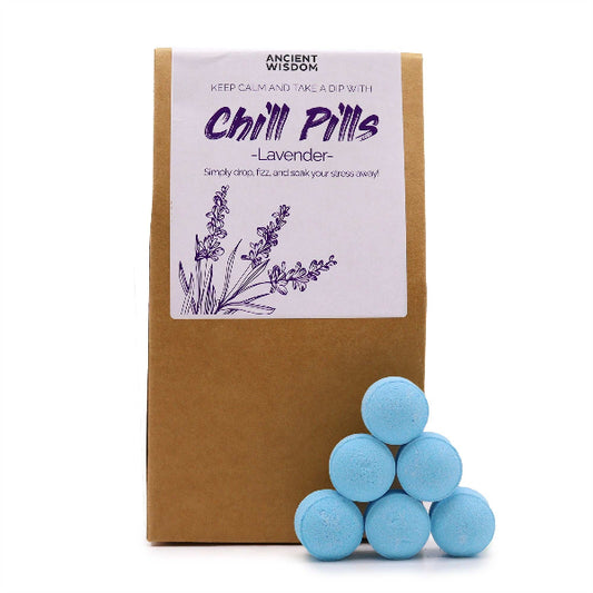 Packaging of 'Chill Pills' with lavender design and blue pills on a white background