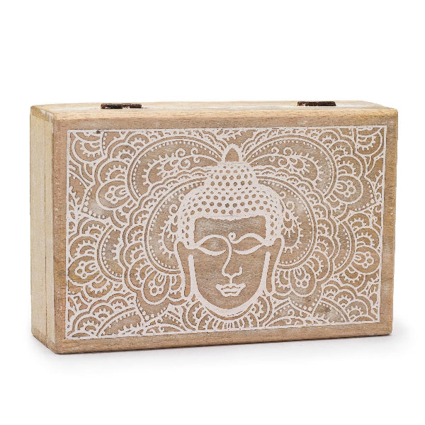 Wooden box with Buddha face and mandala design on a white background