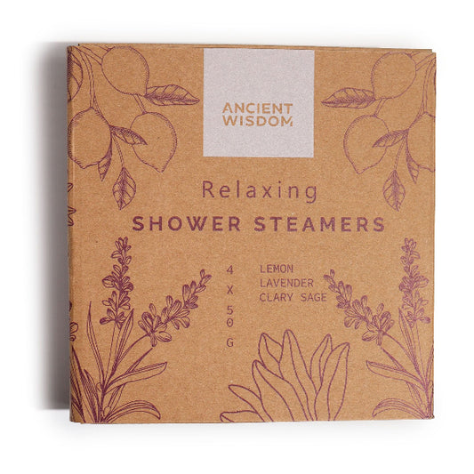 Box of Ancient Wisdom Relaxing Shower Steamers with botanical designs on a white background