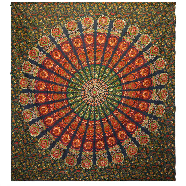 Decorative tapestry with a central mandala design in red, green, and orange on a dark background.